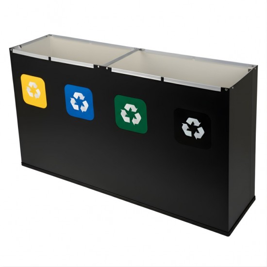 Coș de reciclare negru otel cu acoperire organica, cu 4 compartimente 4x60L – 240 litri