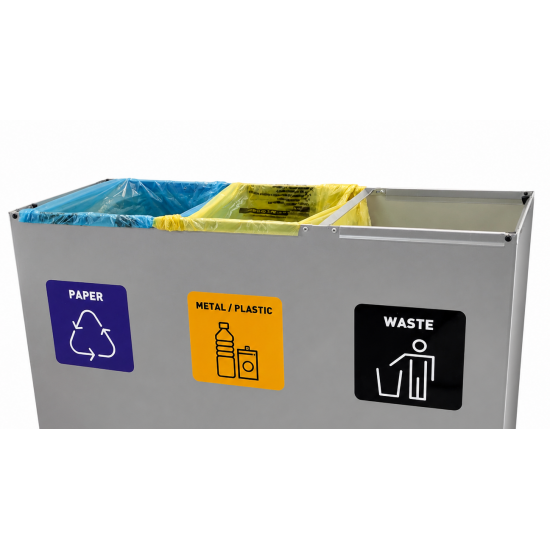 Coș de reciclare gri otel cu acoperire organica, cu 3 compartimente 3x60L – 180 litri