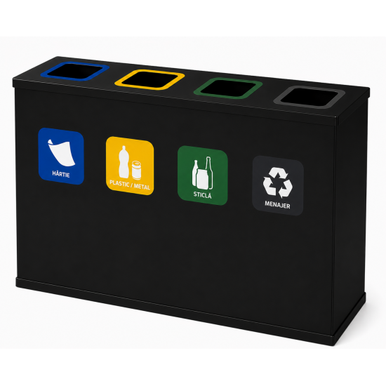 Coș de reciclare negru otel cu acoperire organica, cu 4 compartimente 4x60L – 240 litri Coș de reciclare negru otel cu acoperire organica, cu 4 compartimente 4x60L – 240 litri