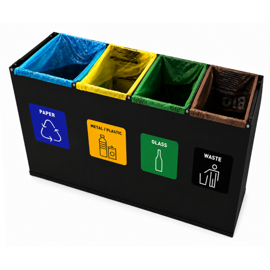 Coș de reciclare negru otel cu acoperire organica, cu 4 compartimente 4x60L – 240 litri