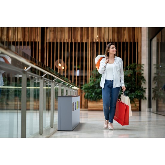 Coș de reciclare gri otel cu acoperire organica, cu 3 compartimente 3x60L – 180 litri