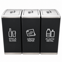 Cos de gunoi negru pentru colectare selectiva, inox, 3 compartimente Cos de gunoi negru pentru colectare selectiva, inox, 3 compartimente