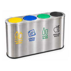 Cos de gunoi pentru colectare selectiva din inox, 4 compartimente, capace colorate Cos de gunoi pentru colectare selectiva din inox, 4 compartimente, capace colorate