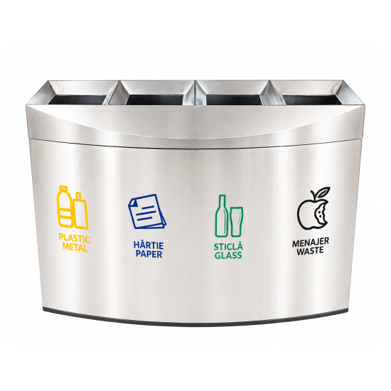 Cos gunoi modern pentru colectare selectiva din inox, 4 compartimente Cos gunoi modern pentru colectare selectiva din inox, 4 compartimente