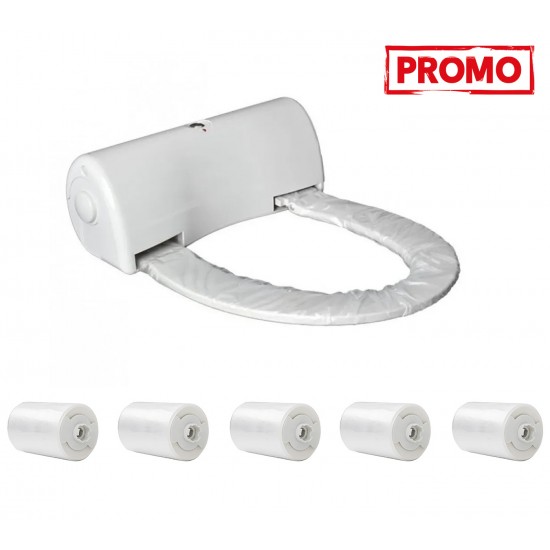 Pachet Capac de toaleta cu buton + 5x Rola folie de unica folosinta 135 utilizari Pachet Capac de toaleta cu buton + 5x Rola folie de unica folosinta 135 utilizari