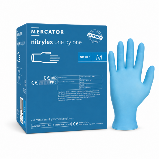 Manusi examinare din nitril albastre, nepudrate Nitrylex ONE by ONE 200buc/ cutie compatibile cu dispenserul SANMRC.KEUR010 Manusi examinare din nitril albastre, nepudrate Nitrylex ONE by ONE 200buc/ cutie compatibile cu dispenserul SANMRC.KEUR010