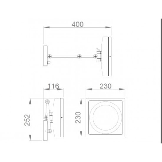 Oglinda patrata cosmetica, brat extensibil si iluminare Led, montare pe perete, 252 x 230 mm