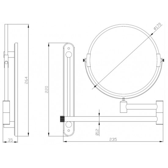 Oglinda rotunda cosmetica reversibila, brat extensibil, montare pe perete, 235 x 410 mm