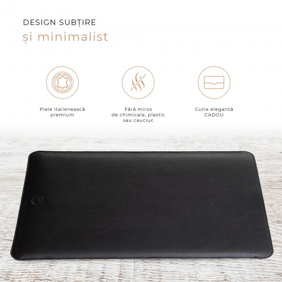 Husa laptop, MacBook 15 inch, UNIKA, piele PU cu lana din fibre naturale, negru
