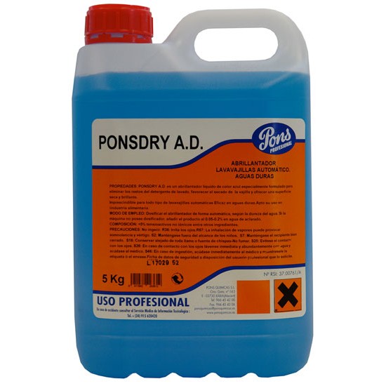 PONSDRY-A.D.-Agent profesional de clătire pentru mașinile de spălat vase, pentru apa cu duritate mare, 5L, Asevi PONSDRY-A.D.-Agent profesional de clătire pentru mașinile de spălat vase, pentru apa cu duritate mare, 5L, Asevi