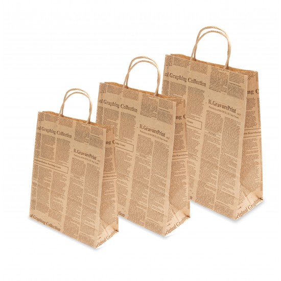 Set 100 bucati, Pungi din hartie de ziar, cu maner sfoara, 32x12x41 cm Set 100 bucati, Pungi din hartie de ziar, cu maner sfoara, 32x12x41 cm