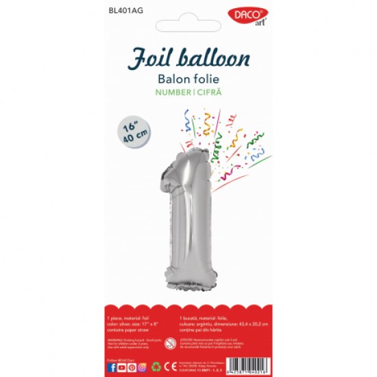 Balon folie cifra 1 argintiu 40 cm daco bl401ag Balon folie cifra 1 argintiu 40 cm daco bl401ag