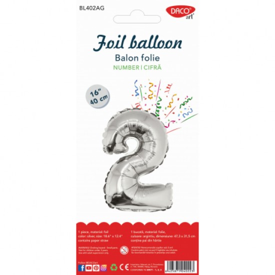 Balon folie cifra 2 argintiu 40 cm daco bl402ag