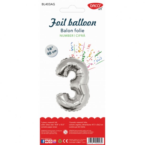 Balon folie cifra 3 argintiu 40 cm daco bl403ag Balon folie cifra 3 argintiu 40 cm daco bl403ag