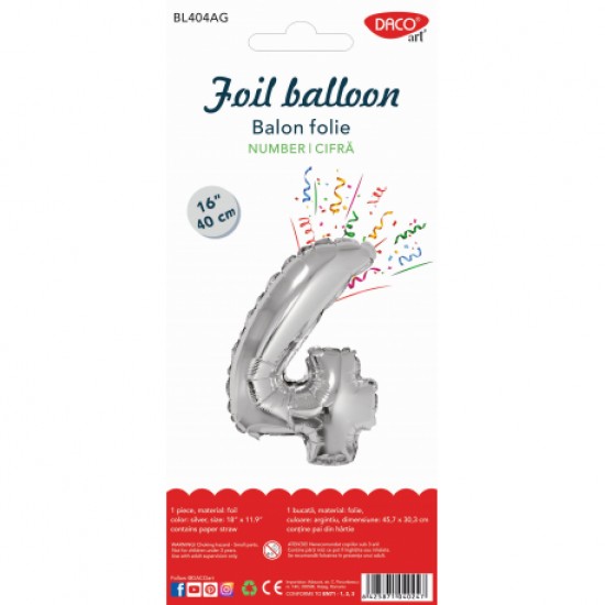 Balon folie cifra 4 argintiu 40 cm daco bl404ag Balon folie cifra 4 argintiu 40 cm daco bl404ag