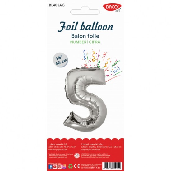 Balon folie cifra 5 argintiu 40 cm daco bl405ag