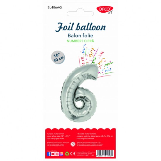 Balon folie cifra 6 argintiu 40 cm daco bl406ag