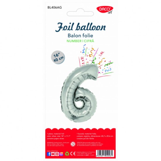 Balon folie cifra 6 argintiu 40 cm daco bl406ag Balon folie cifra 6 argintiu 40 cm daco bl406ag