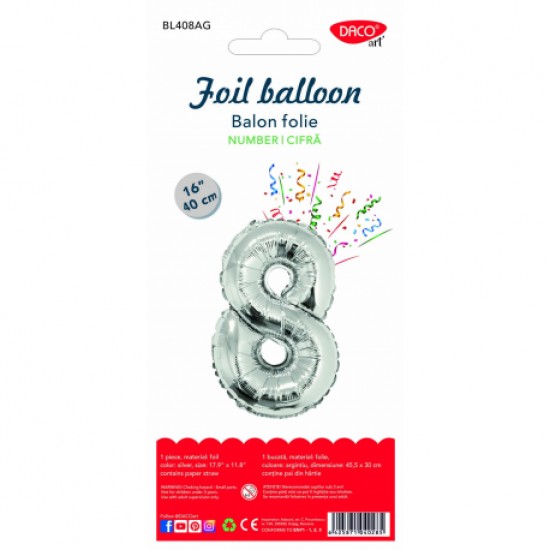 Balon folie cifra 8 argintiu 40 cm daco bl408ag
