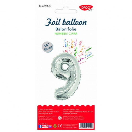 Balon folie cifra 9 argintiu 40 cm daco bl409ag Balon folie cifra 9 argintiu 40 cm daco bl409ag