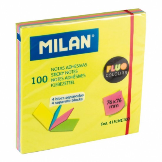 Bloc notes adeziv 76x76 4 culori asortate fluo milan