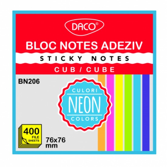 Bloc notes adeziv cub 400 file 76x76 6 cul daco bn206