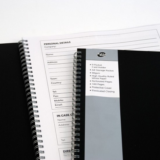 Agenda Pukka Pad A4 dictando, 160 pag, hartie 90 g, harta, suport business carduri, separator plic, coperti PP SBMETA4160