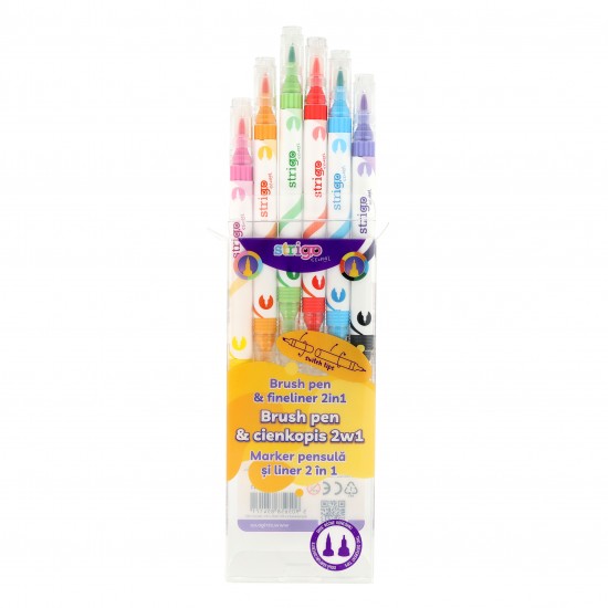 Evidentiator Strigo 2 in 1, pensula si liner, 6 buc/set, 12 culori SSC441
