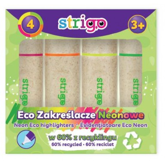 Set 4 evidentiatoare Strigo Eco-Friendly, NEON, roz, portocaliu, galben, verde SSC343