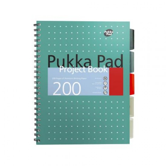 Caiet cu spirala si separatoare Pukka Pads Metallic Project Book dictando A4, microperforatii, 200 pag, hartie 80 g, coperti cartonate Caiet cu spirala si separatoare Pukka Pads Metallic Project Book dictando A4, microperforatii, 200 pag, hartie 80 g, coperti cartonate