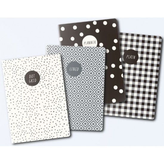 Set 4 caiete Pukka Pads Carpe Diem Monochrom, A6, 32 pag, hartie 80 g, compus din: 1 x planner saptamanal, 1 x dictando, 1 x punctat, 1 x foi veline Set 4 caiete Pukka Pads Carpe Diem Monochrom, A6, 32 pag, hartie 80 g, compus din: 1 x planner saptamanal, 1 x dictando, 1 x punctat, 1 x foi veline