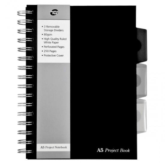 Caiet cu spirala si separatoare Pukka Pads Black Project Book A5 dictando, 250 pag, coperti PP Caiet cu spirala si separatoare Pukka Pads Black Project Book A5 dictando, 250 pag, coperti PP