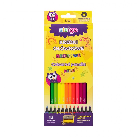 Creioane colorate Strigo, NEON, 12 culori, cu ascutitoare