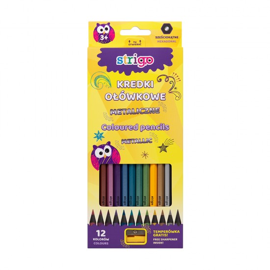 Creioane colorate Strigo METALLIC, 12 culori, cu ascutitoare