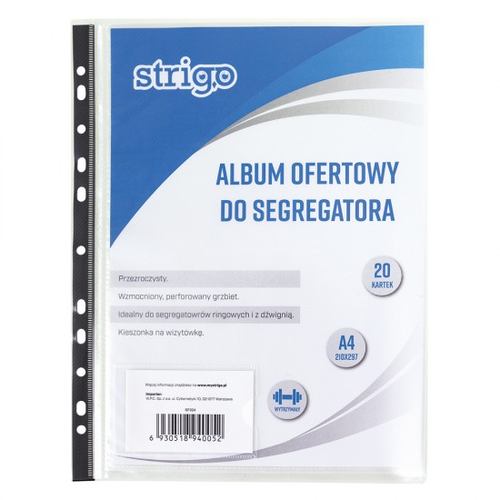 Album 20 folii protectie A4 Strigo, perforatii biblioraft, transparent