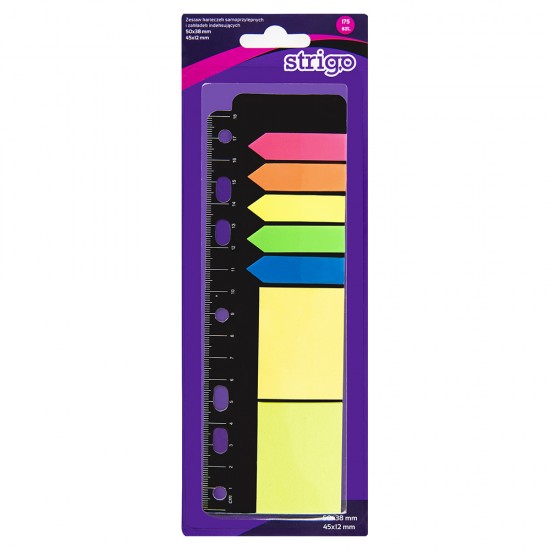 Notite autoadezive si etichete indexare cu suport rigla, Strigo, 175 file, multicolor Notite autoadezive si etichete indexare cu suport rigla, Strigo, 175 file, multicolor