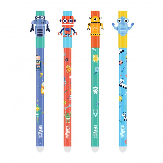 Set 4 pixuri Strigo cerneala cu stergere, ROBOTI, Set 4 pixuri Strigo cerneala cu stergere, ROBOTI,