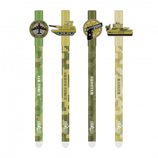 Set 4 pixuri Strigo cerneala cu stergere, MILITARY Set 4 pixuri Strigo cerneala cu stergere, MILITARY
