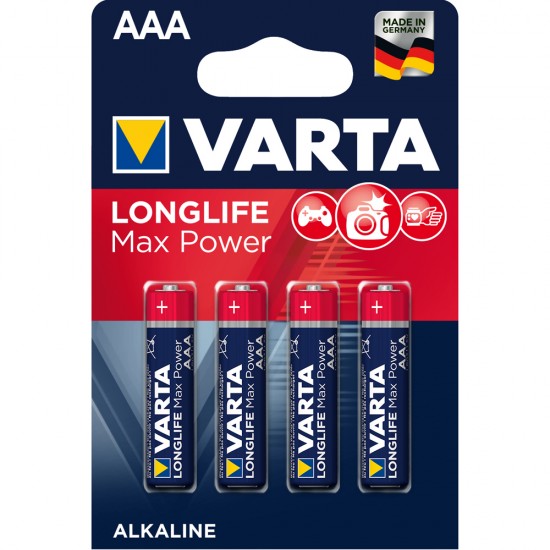 Baterii Varta Longlife Max Power, LR03, AAA, alcaline, 1.5 V, 4 bucati/set