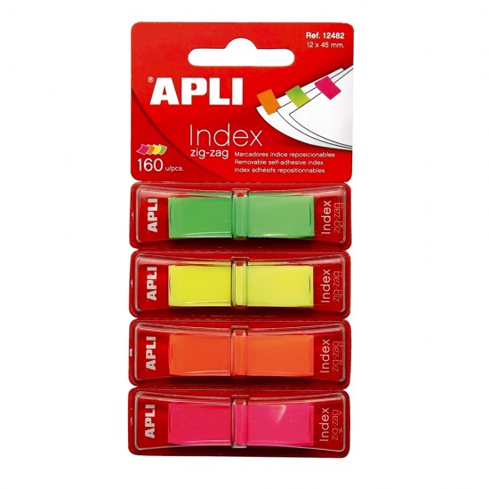 Index Apli, autoadeziv zig-zag,  12 x 45 mm, 4 culori fluorescente (verde, galben, portocaliu, roz)