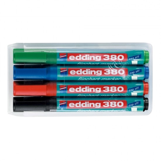 Marker Edding 380 pentru flipchart, varf rotund, 1.5-3 mm, 4 culori/set (negru, albastru, rosu, verde)