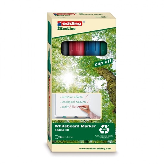 Marker pentru tabla Edding 28, ecologic, varf rotund, 1.5-3 mm, 4 culori/set (negru, rosu, albastru, verde)