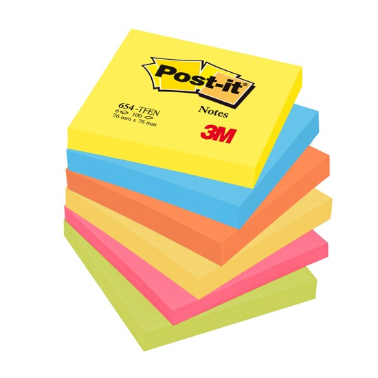 Notite adezive, Post-it, 76 x 76 mm, multicolor, neon, 100 file, 6 bucati/set