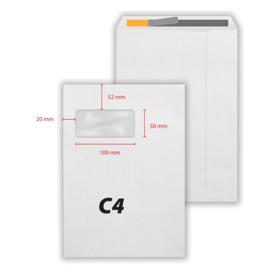Plic C4, 229 x 324 mm, fereastra stanga 50 x 100 mm, alb, banda silicon, 80 g/mp, 250 bucati/cutie