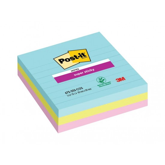 Notițe adezive Super Sticky pentru conferință, liniate, 101 mm x 101 mm, 3 x 75 file, Post-it