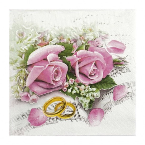 Servetele de masa 33x33cm, model trandafir roz cu inele - 3 straturi