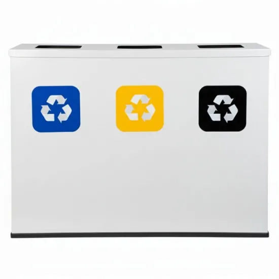 Coș de reciclare alb otel cu acoperire organica, cu 3 compartimente 3x60L – 180 litri