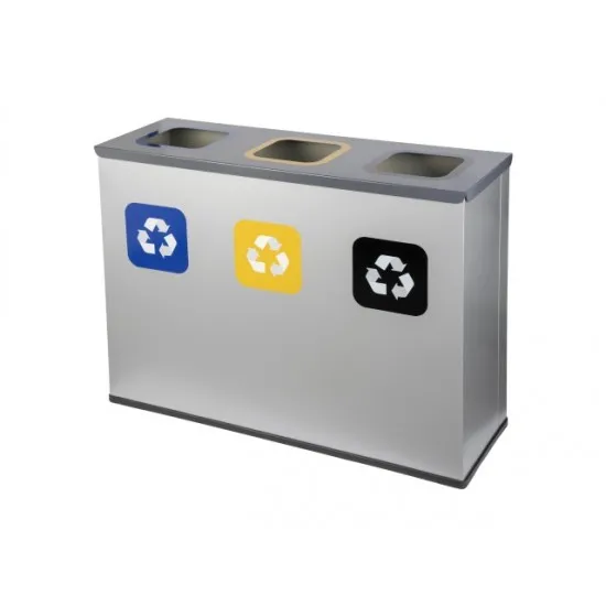 Coș de reciclare gri otel cu acoperire organica, cu 3 compartimente 3x60L – 180 litri Coș de reciclare gri otel cu acoperire organica, cu 3 compartimente 3x60L – 180 litri