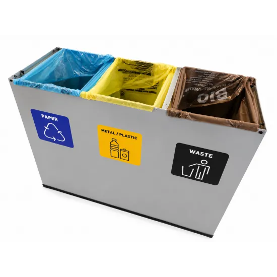 Coș de reciclare gri otel cu acoperire organica, cu 3 compartimente 3x60L – 180 litri Coș de reciclare gri otel cu acoperire organica, cu 3 compartimente 3x60L – 180 litri