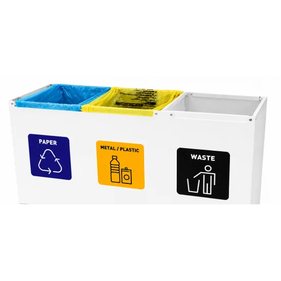 Coș de reciclare alb otel cu acoperire organica, cu 3 compartimente 3x60L – 180 litri